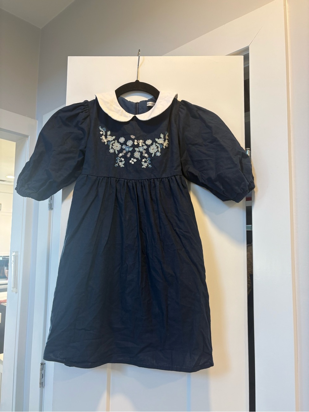 Navy Floral Embroidered Peter Pan Collar Dress for Girls